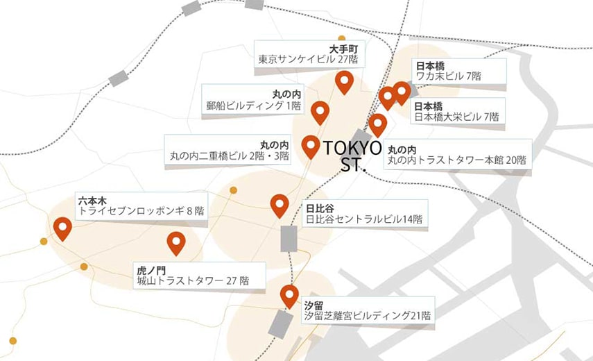 Map of Tokyo with areas and Servcorp locations marked