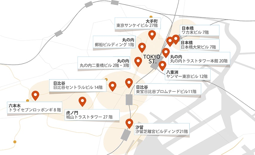 Map of Tokyo with areas and Servcorp locations marked