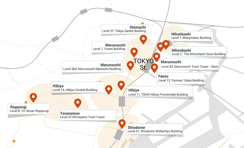 Map of Tokyo with areas and Servcorp locations marked